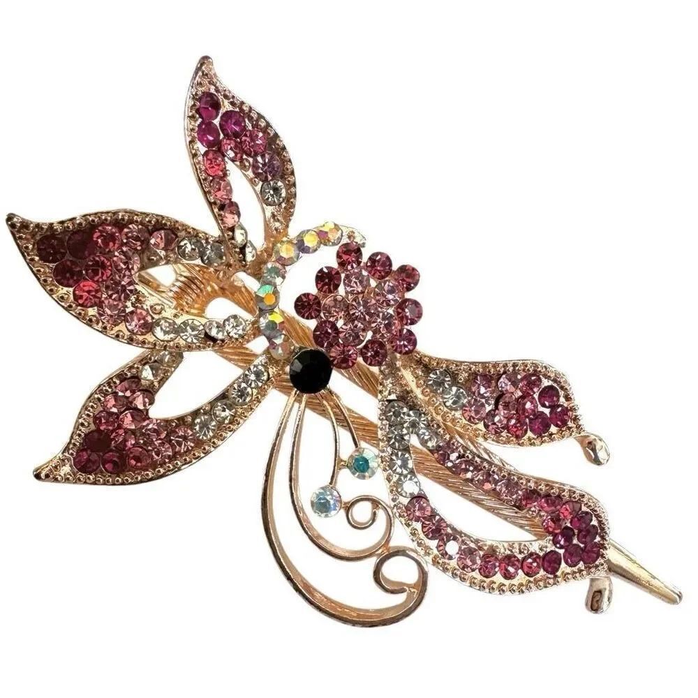 Pink gold tone rhinestone barette